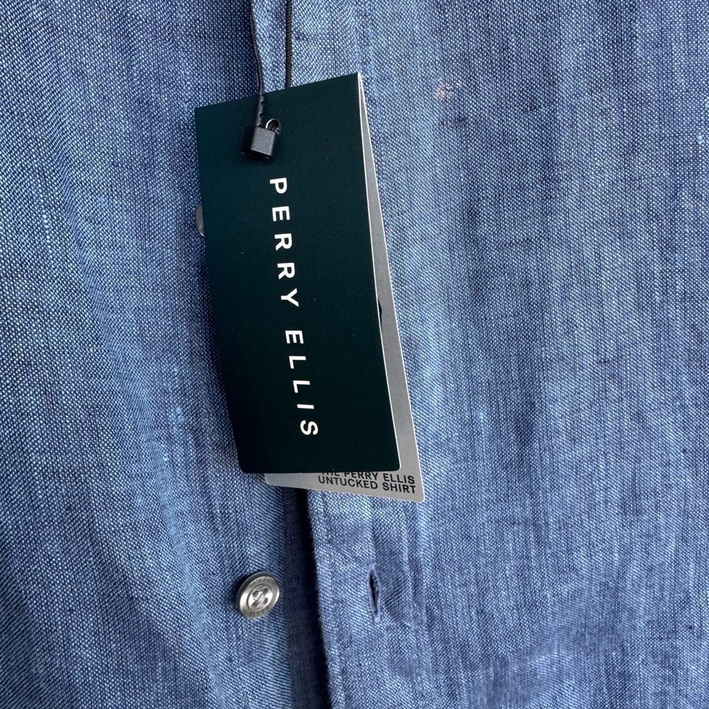 Perry Ellis Linen Blue Mens XL Button Down Short SleeveCoastal Vacation ShirtNWT - Picture 5 of 14